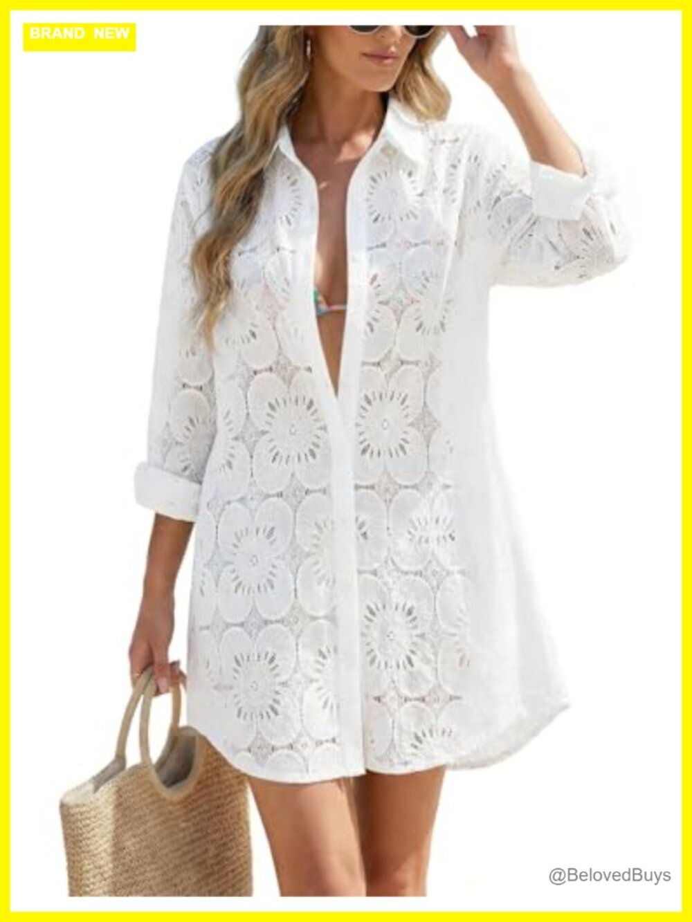 Women Eyelet Lace Swim Cover Up Button Down Shirtdress Long Sleeve Beach Dress